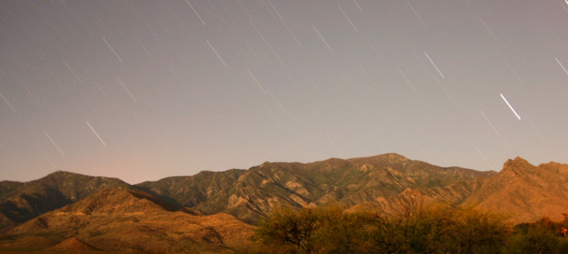 Star Trails Over Mount Graham, Illuminated by Moonlight
