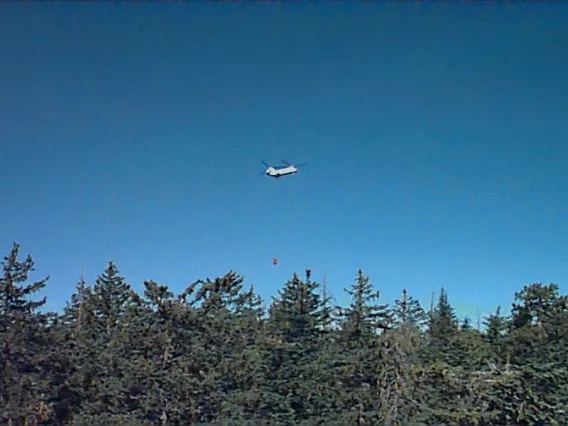 Helicopter above trees at Clark Peak