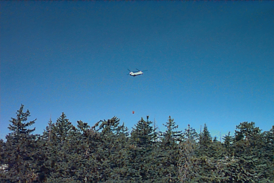 Helicopter above trees at Clark Peak