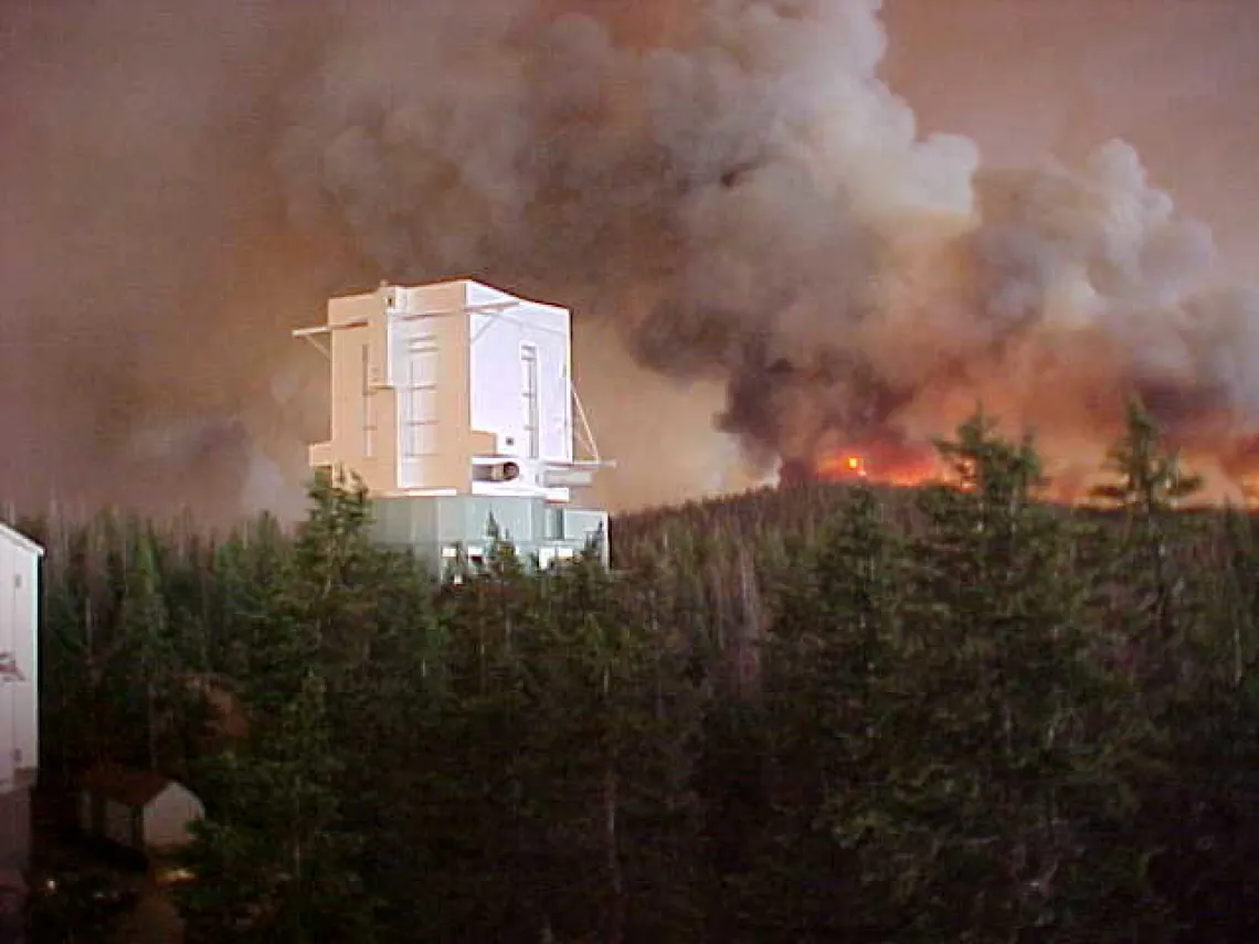 Smoke and fire seen from over trees