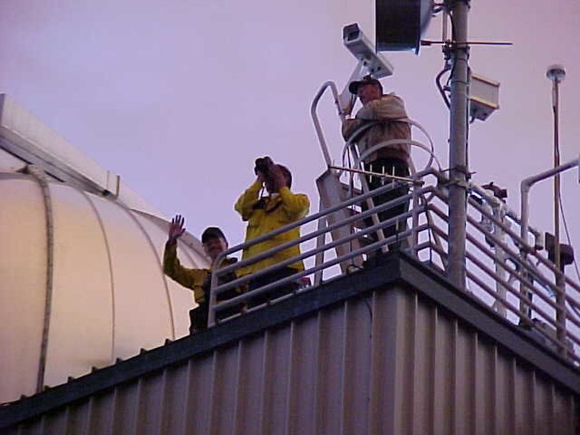 Workers watching area with binoculars