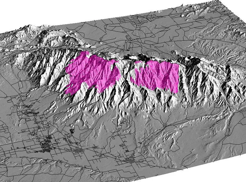 Topographic overview of the scale of the Nuttall Complex fire: